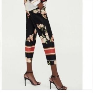 ZARA Floral Satin High Rise Pants Cropped  Black Multi Size Medium